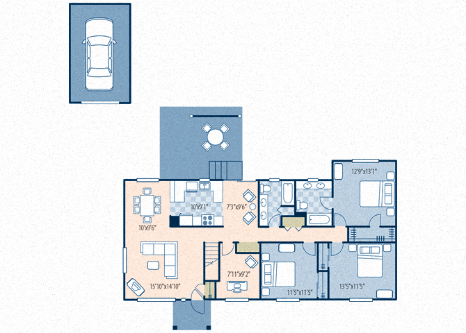 Floor plan for 3 beds, 2 baths, 1369 sqft